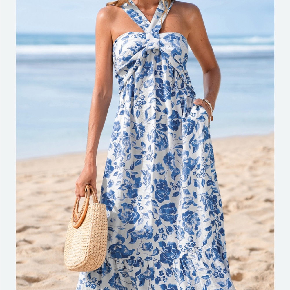 NWT Cupshe Watercolor Petals Halter Maxi Dress